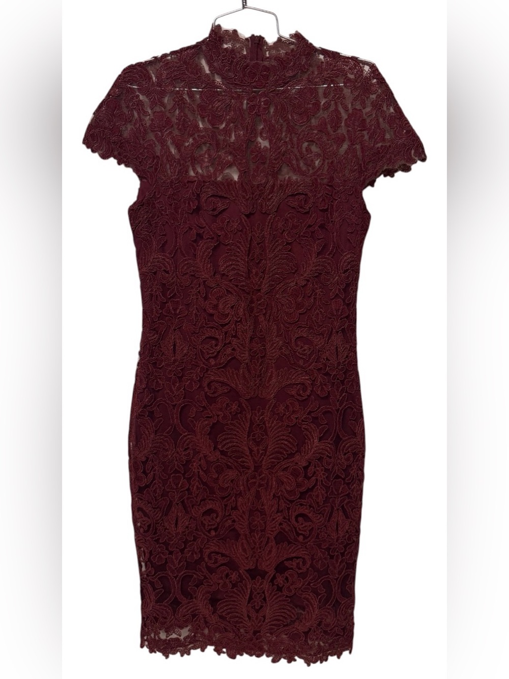 Tadashi Shoji Ella Lace Cocktail Dress Burgundy Blackberry Sheath Mock Neck